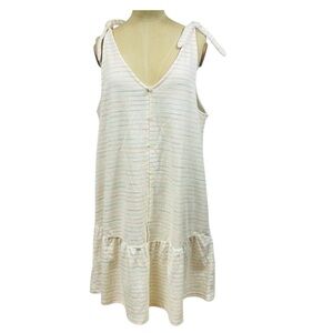 NWT Loft Rainbow Stripe Dress Ivory LG Summer Minimal Ruffle Boxy Retro Coastal